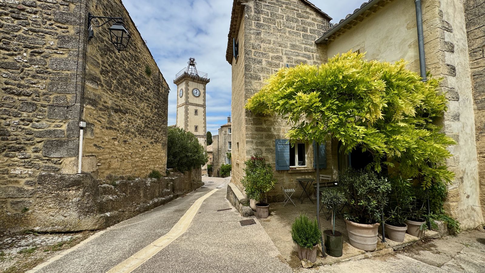 La maison et sa glycine, la tour de l'horloge en arrière-plan