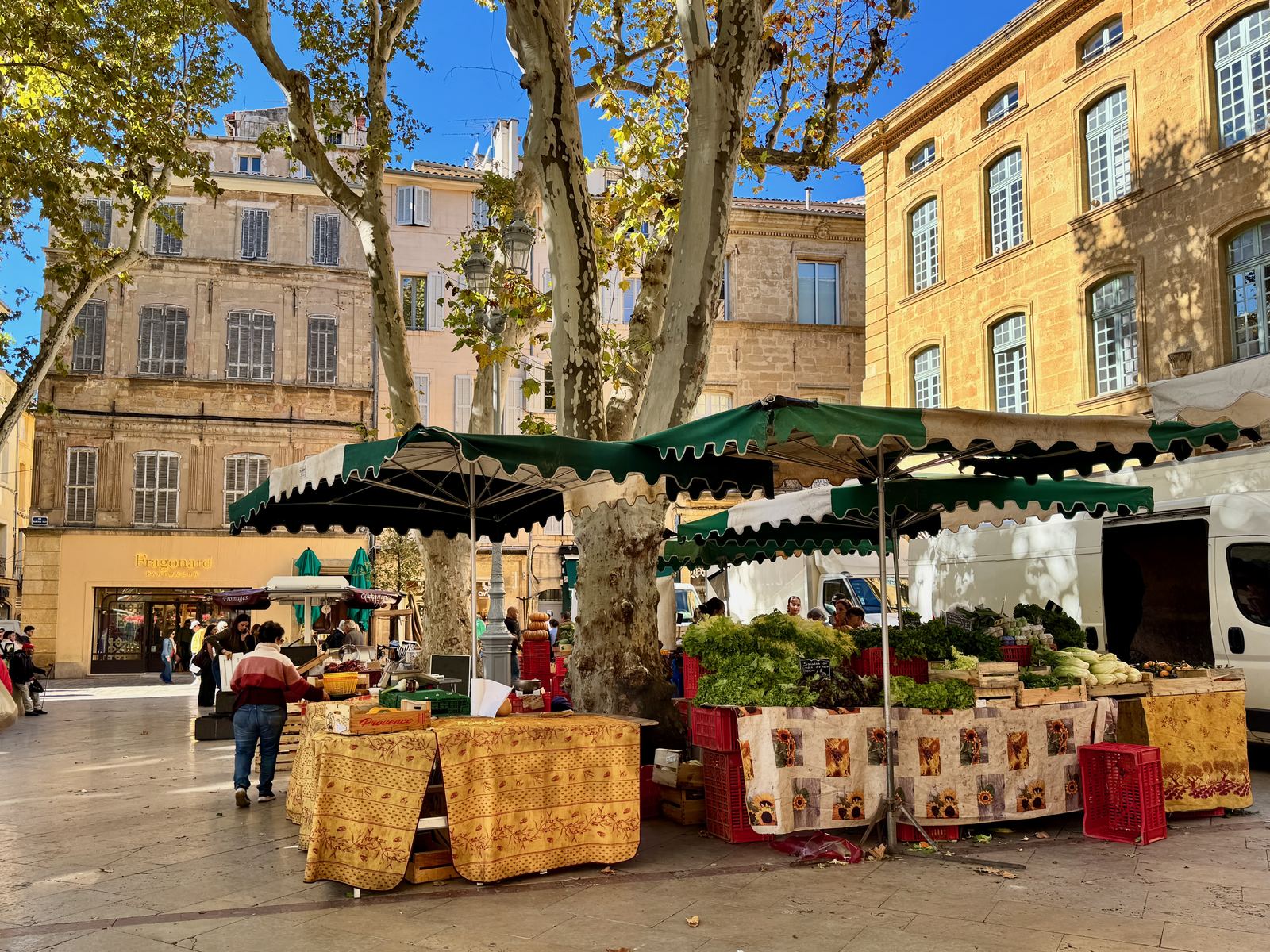 Le marché d'Aix-en-Provence sous les platanes